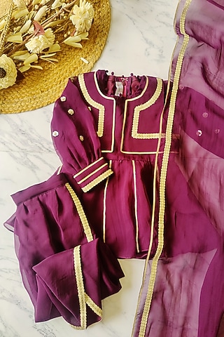 Wine Viscose Organza Pleated Anarkali Set For Girls by YMKids