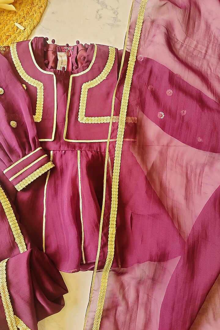 Wine Viscose Organza Pleated Anarkali Set For Girls by YMKids at Pernia's Pop Up Shop