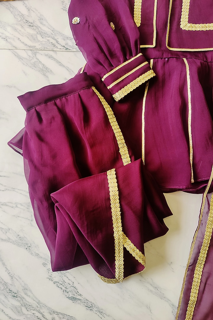 Wine Viscose Organza Pleated Anarkali Set For Girls by YMKids at Pernia's Pop Up Shop