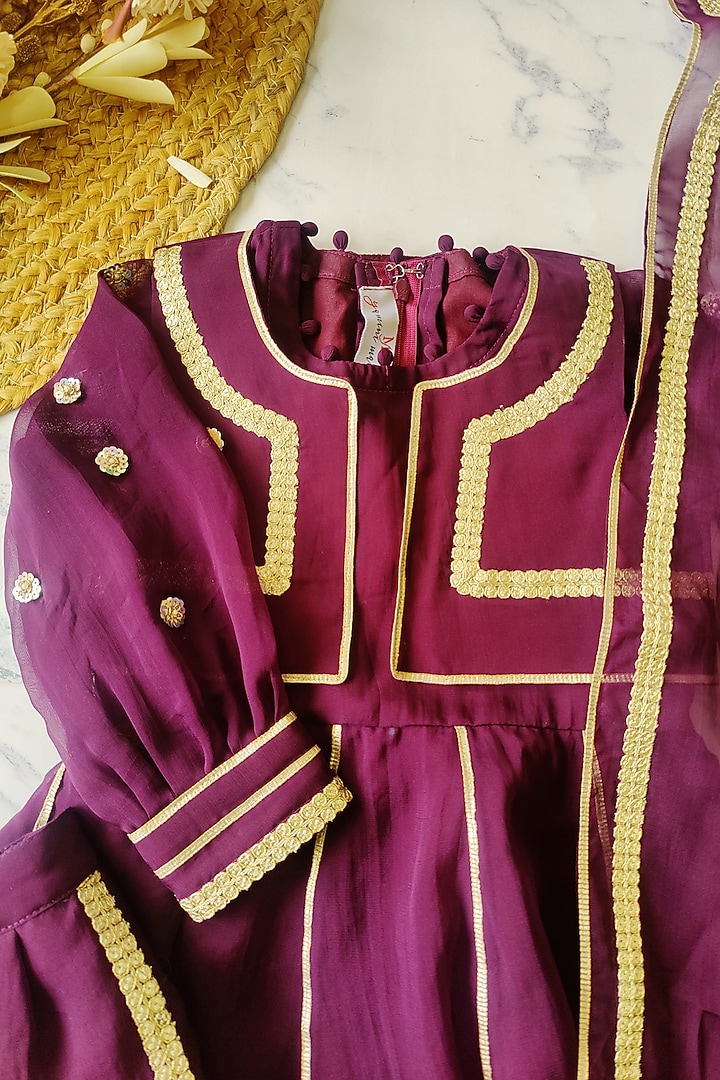 Wine Viscose Organza Pleated Anarkali Set For Girls by YMKids at Pernia's Pop Up Shop