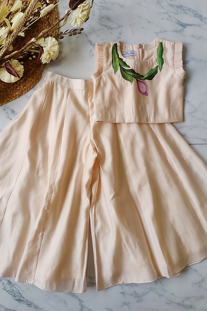 Baby Peach Shimmer Silk Hand Painted Co-Ord Set For Girls by YMKids at Pernia's Pop Up Shop