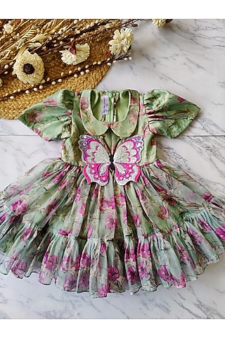 Green Organza Applique Hand Embroidered Tiered Dress For Girls by YMKids