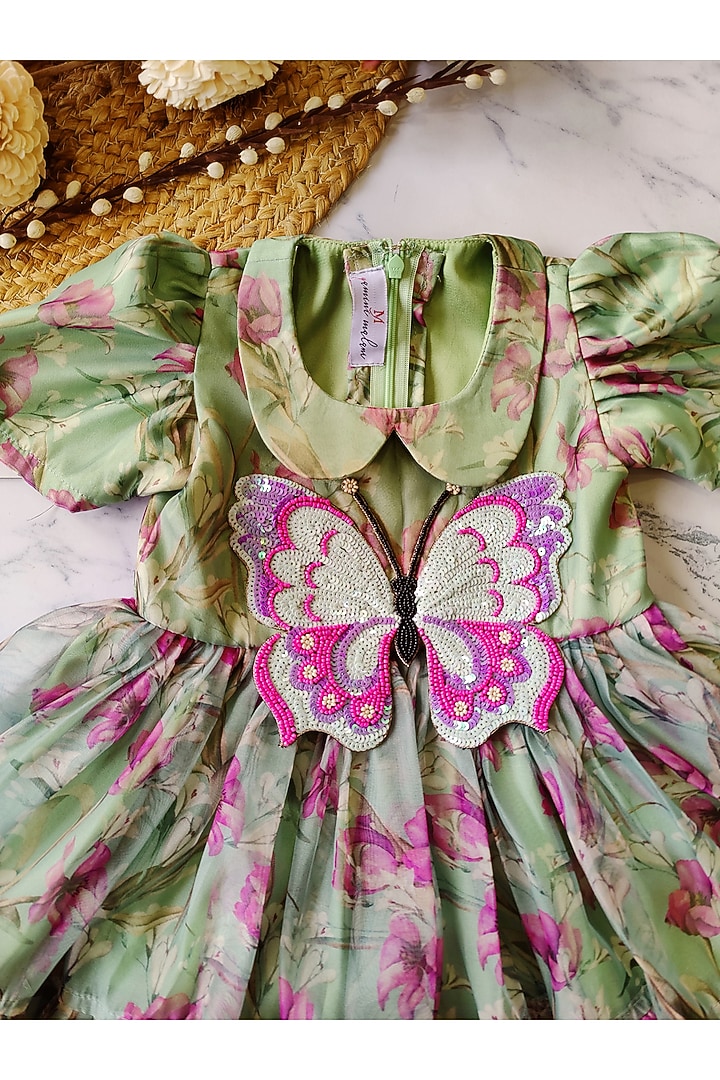 Green Organza Applique Hand Embroidered Tiered Dress For Girls by YMKids at Pernia's Pop Up Shop
