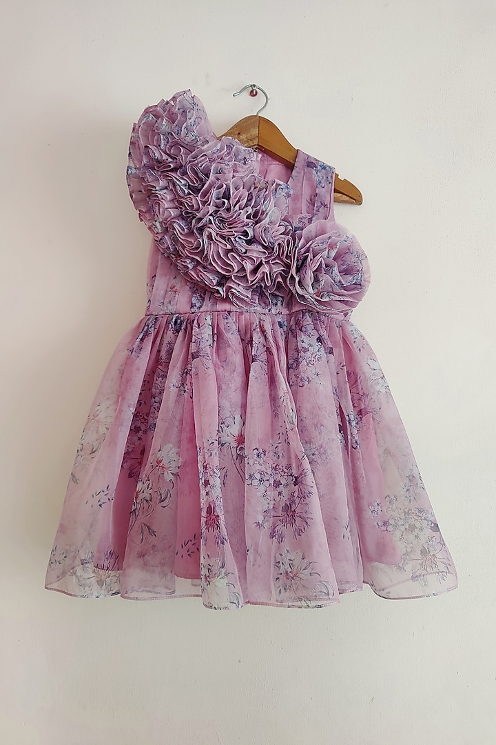 Onion Pink Organza Floral Printed Ruffled Dress For Girls by YMKids at Pernia's Pop Up Shop