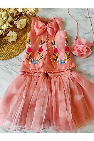 Peach Organza Sharara Set For Girls by YMKids