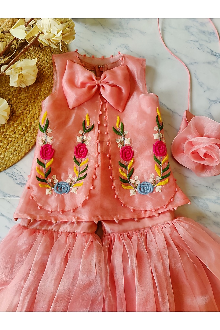 Peach Organza Sharara Set For Girls by YMKids at Pernia's Pop Up Shop