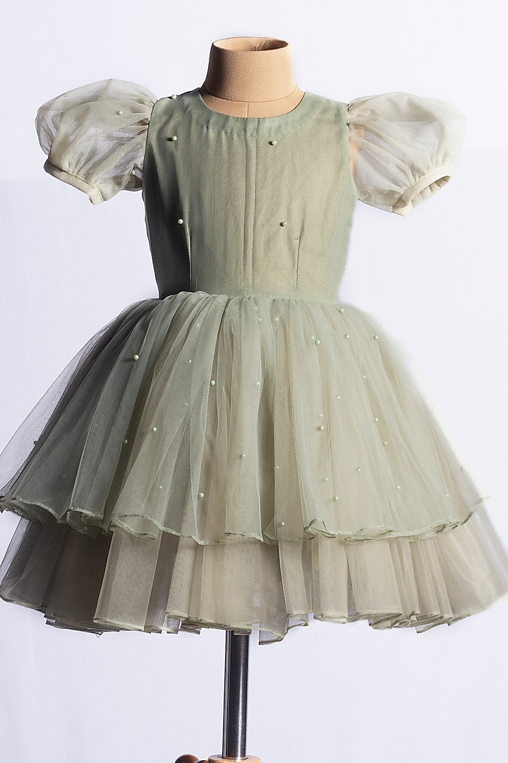 Green Net Embellished Mini Dress For Girls by YMKids