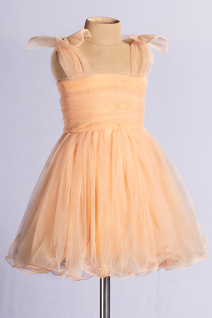 Light Peach Net Mini Dress For Girls by YMKids