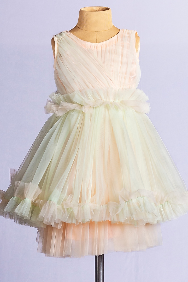 Mint Green & Peach Net Pleated Dress For Girls by YMKids