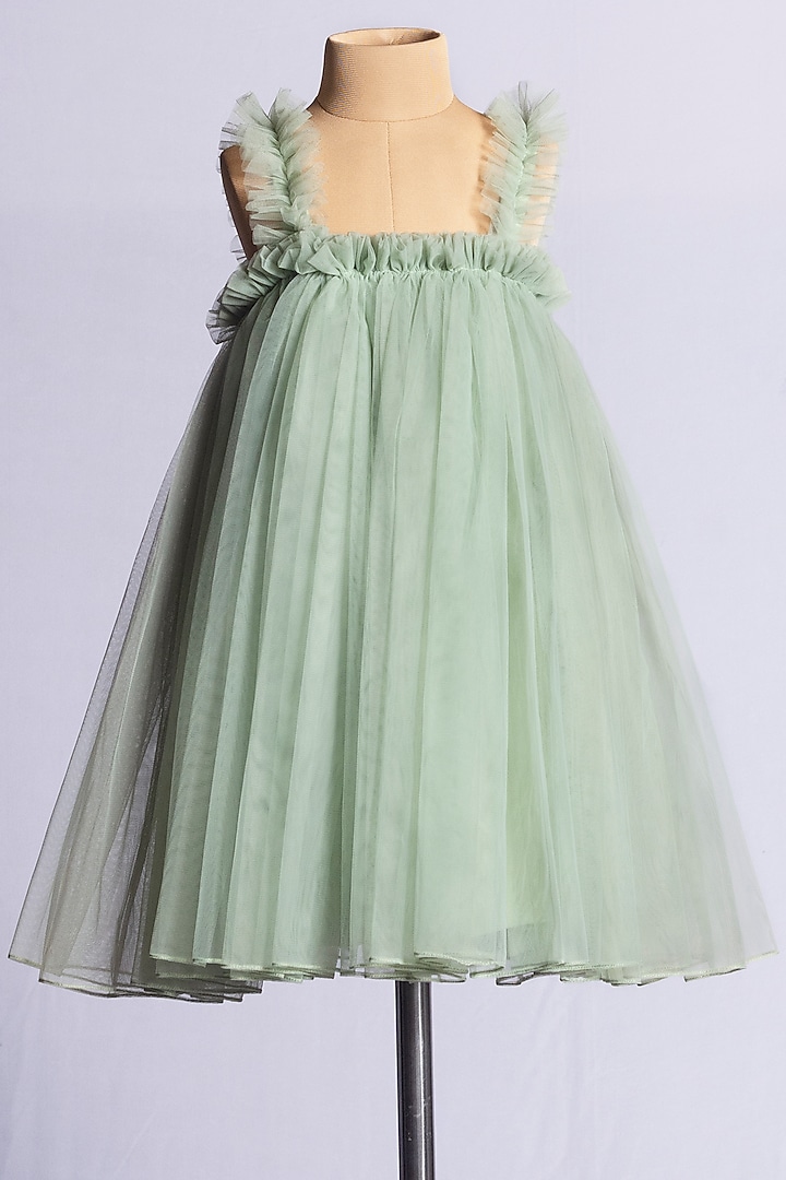 Green Net Mini Dress For Girls by YMKids