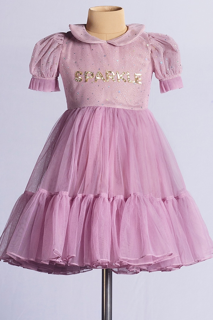 Purple Net Tiered Dress For Girls by YMKids