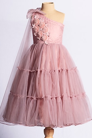 Nude Purple Net Tiered Gown For Girls by YMKids