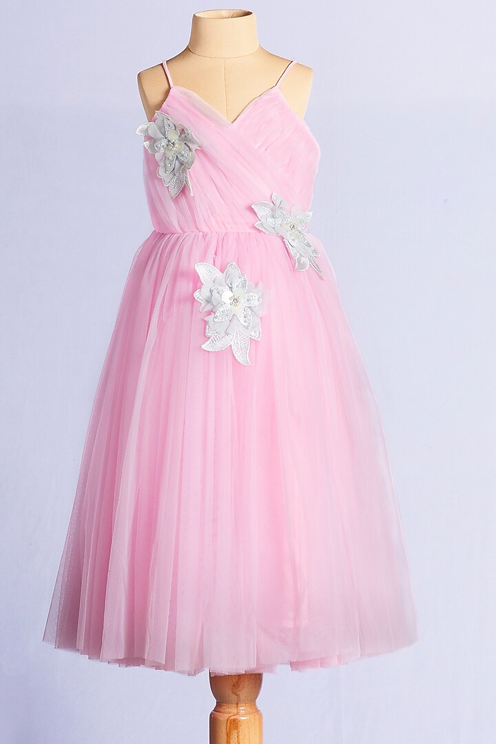 Pink Net Embroidered Gown For Girls by YMKids