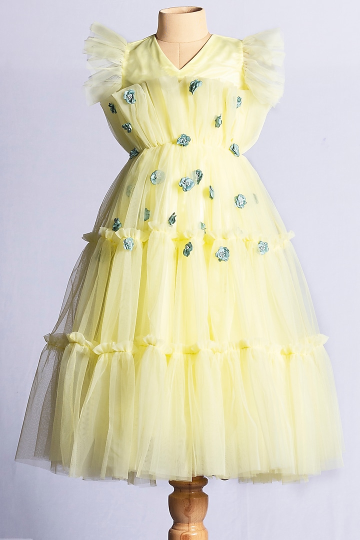 Yellow Net Ruffled Gown For Girls by YMKids