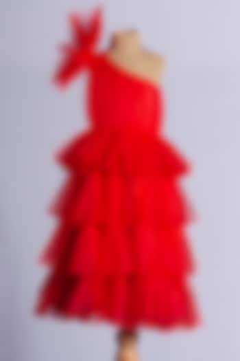 Red Net Embroidered Gown For Girls by YMKids