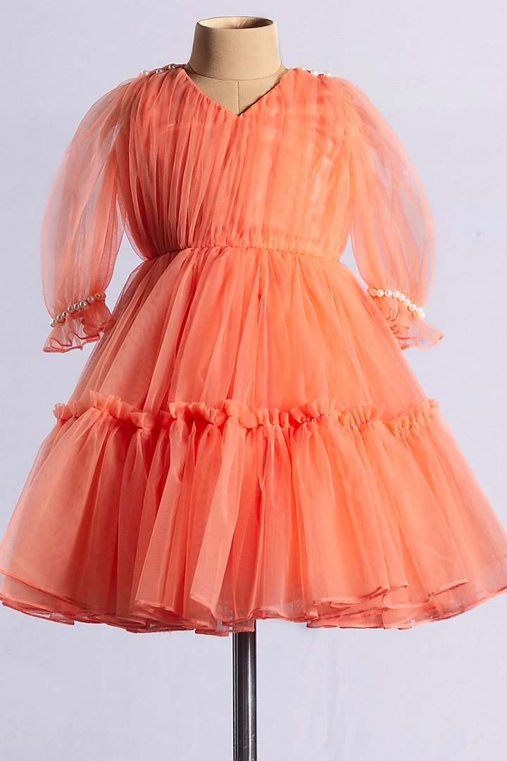 Peach Net Gathered Dress For Girls by YMKids