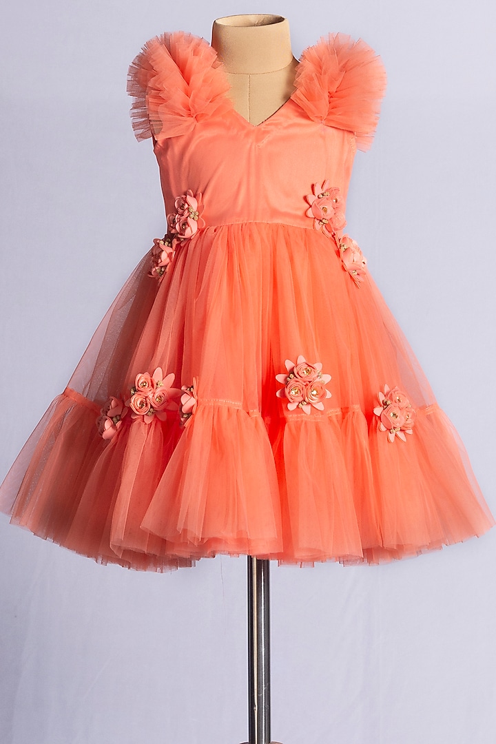 Peach Tulle Embroidered Dress For Girls by YMKids