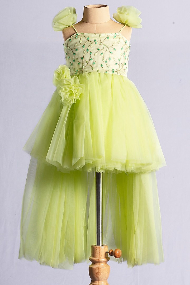 Neon Green Net Embroidered Dress For Girls by YMKids