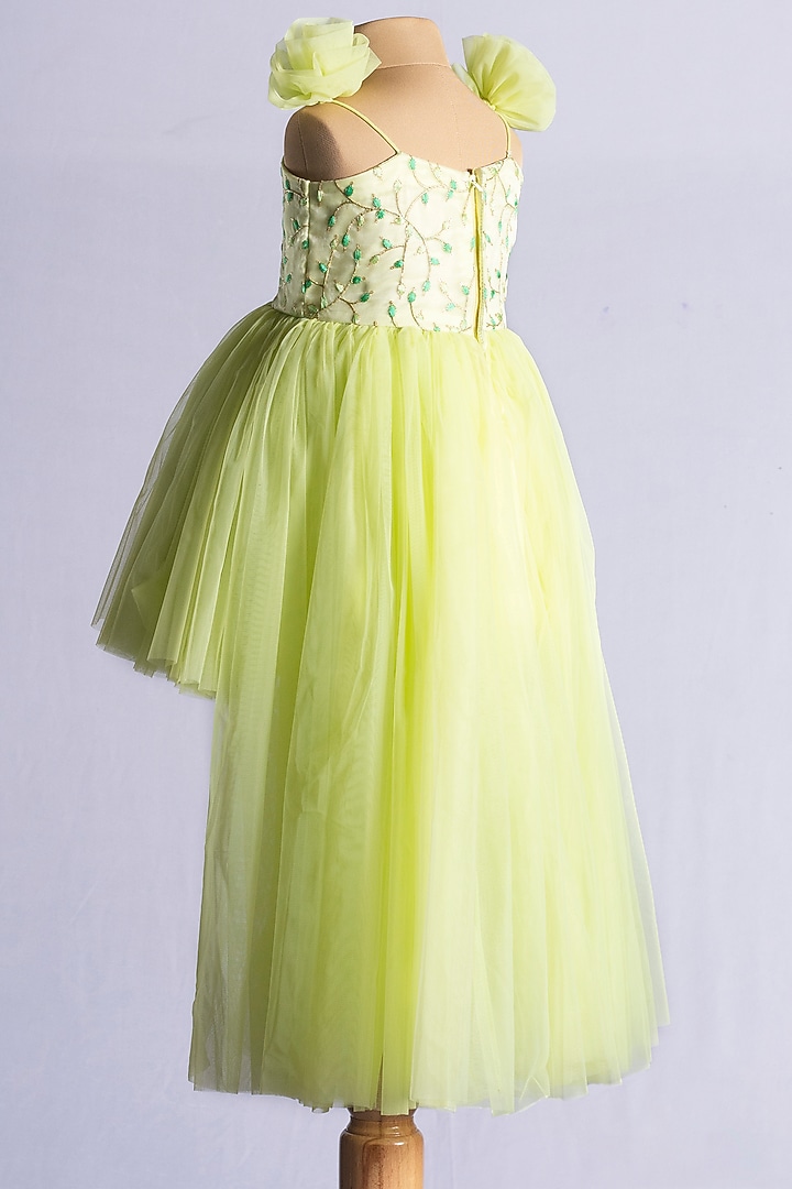 Neon Green Net Embroidered Dress For Girls by YMKids at Pernia's Pop Up Shop