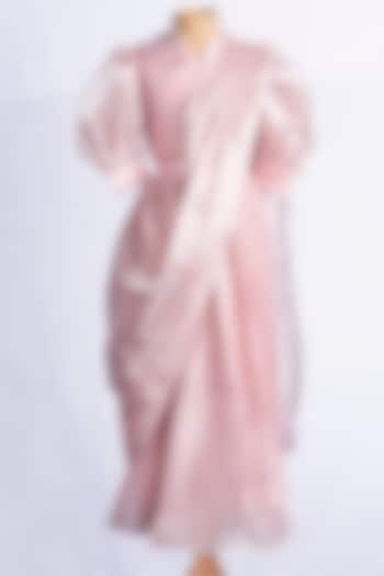Peach Metallic Organza Shimmer Pre-Draped Saree Set For Girls by YMKids at Pernia's Pop Up Shop
