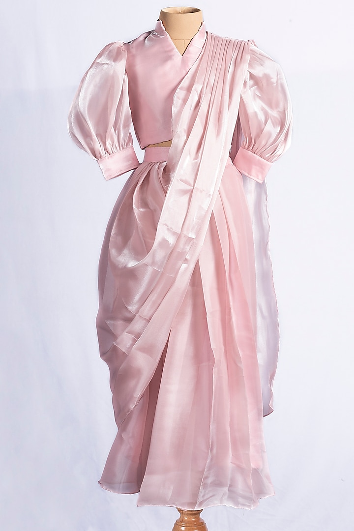 Peach Metallic Organza Shimmer Pre-Draped Saree Set For Girls by YMKids at Pernia's Pop Up Shop