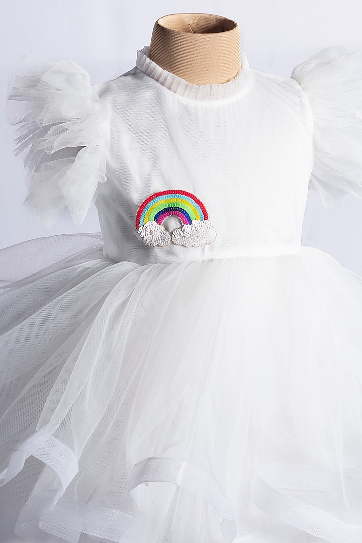 White Net Embroidered Mini Dress For Girls by YMKids at Pernia's Pop Up Shop