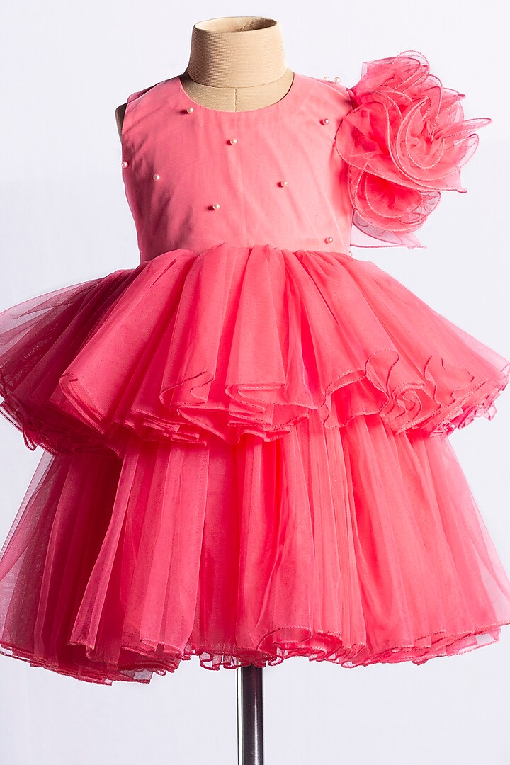 Pink Net Embellished Mini Dress For Girls by YMKids