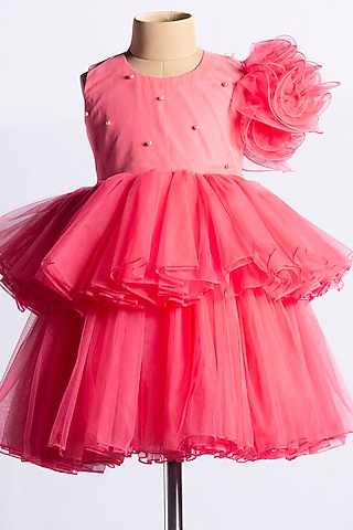 Pink Net Embellished Mini Dress For Girls by YMKids