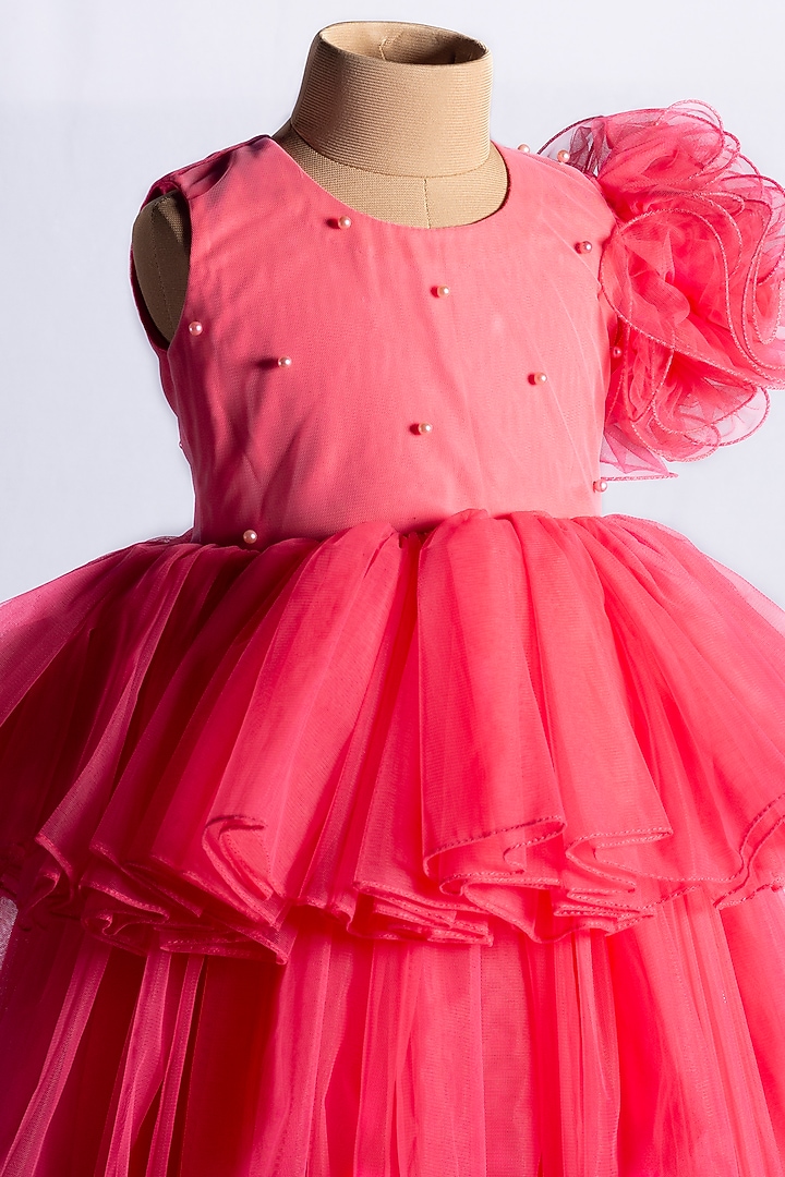 Pink Net Embellished Mini Dress For Girls by YMKids at Pernia's Pop Up Shop