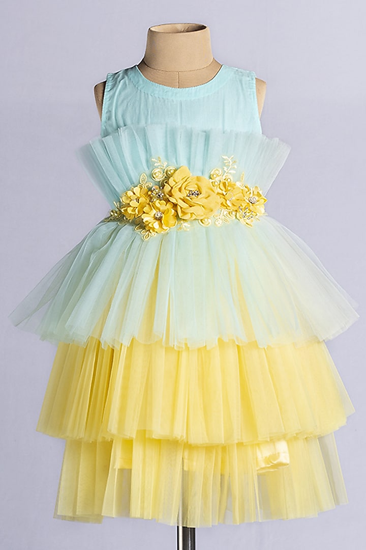 Blue & Yellow Tulle Knee Lenght Dress For Girls by YMKids