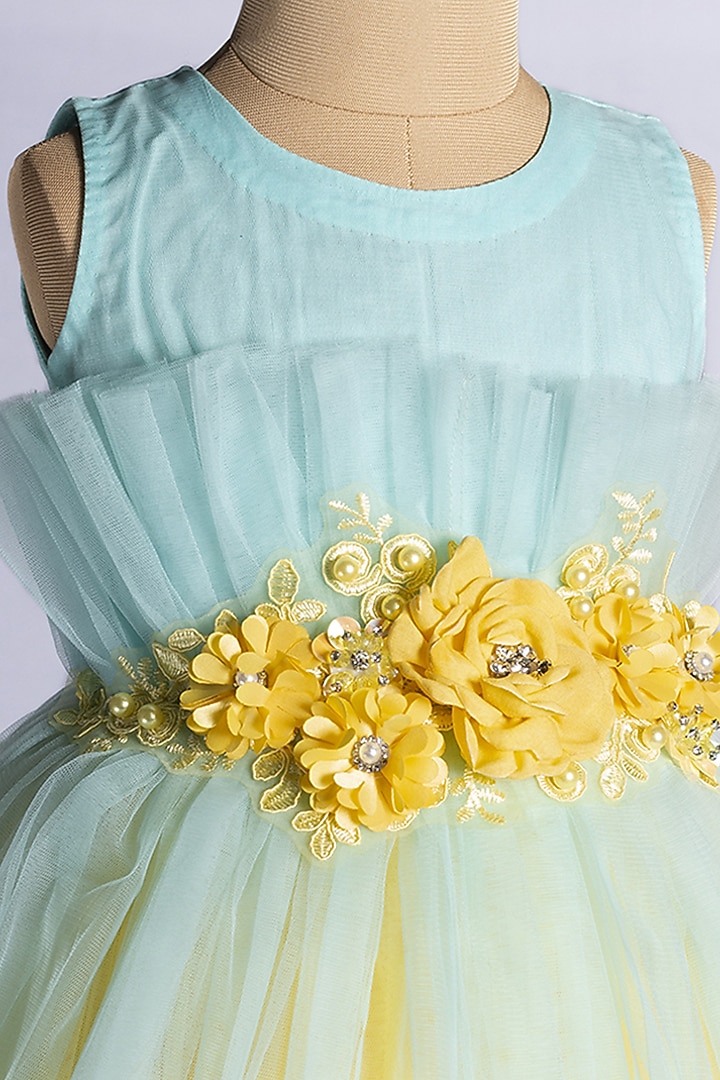 Blue & Yellow Tulle Knee Lenght Dress For Girls by YMKids at Pernia's Pop Up Shop