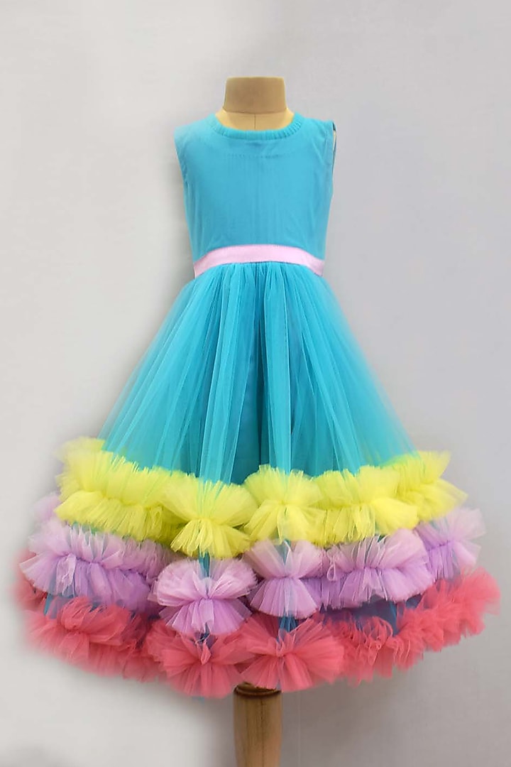 Blue Net Frilled Gown For Girls by YMKids