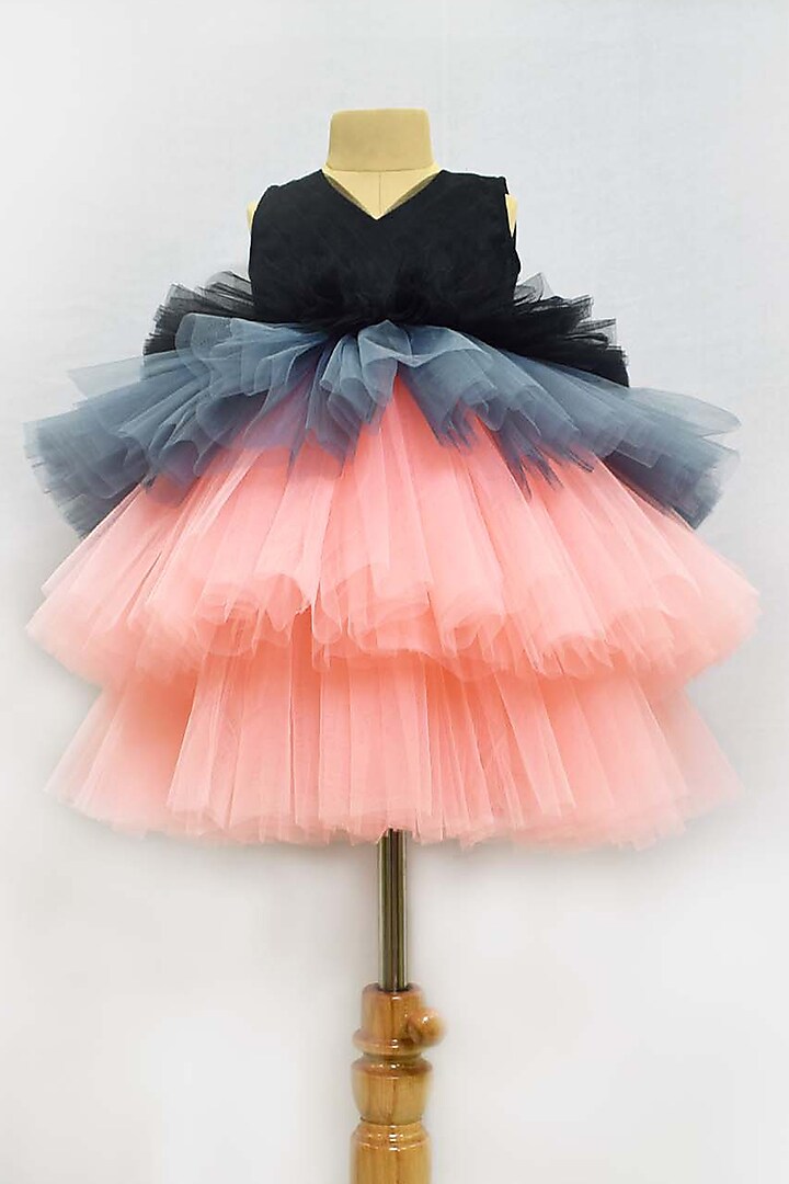 Black & Peach Net Knee Length Dress For Girls by YMKids