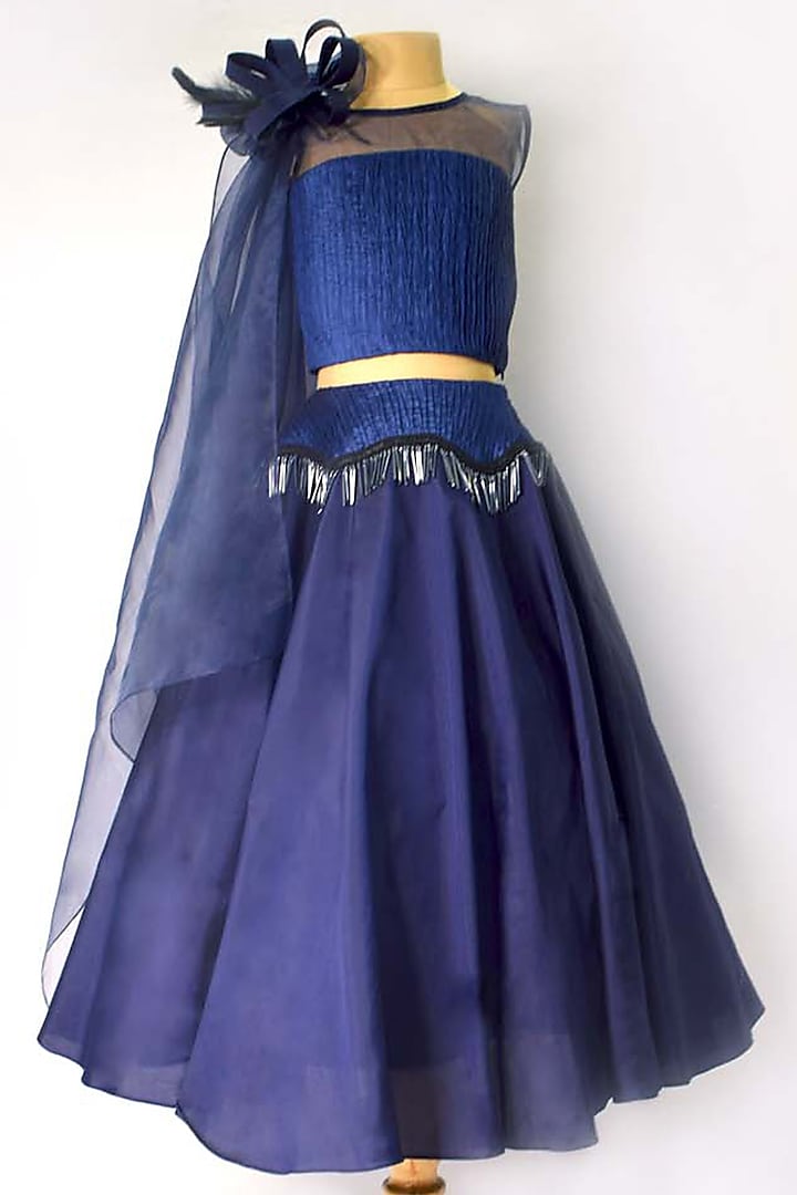 Blue Silk Lehenga Set For Girls by YMKids