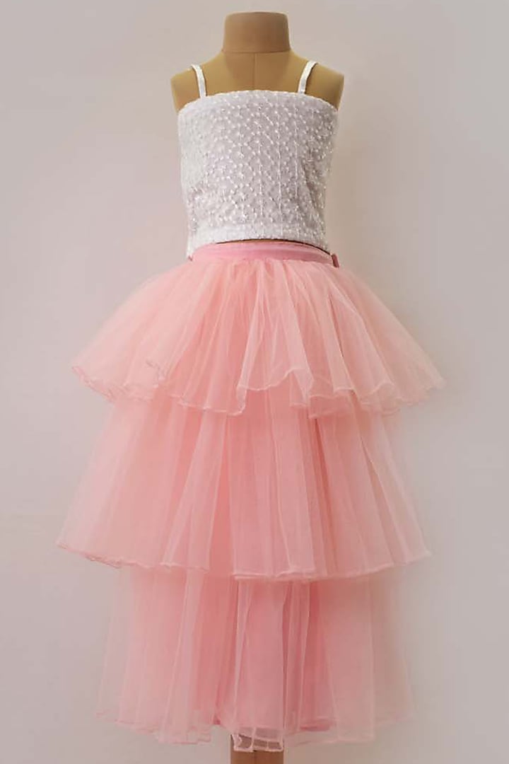 Peach Net Layered Skirt Set For Girls by YMKids