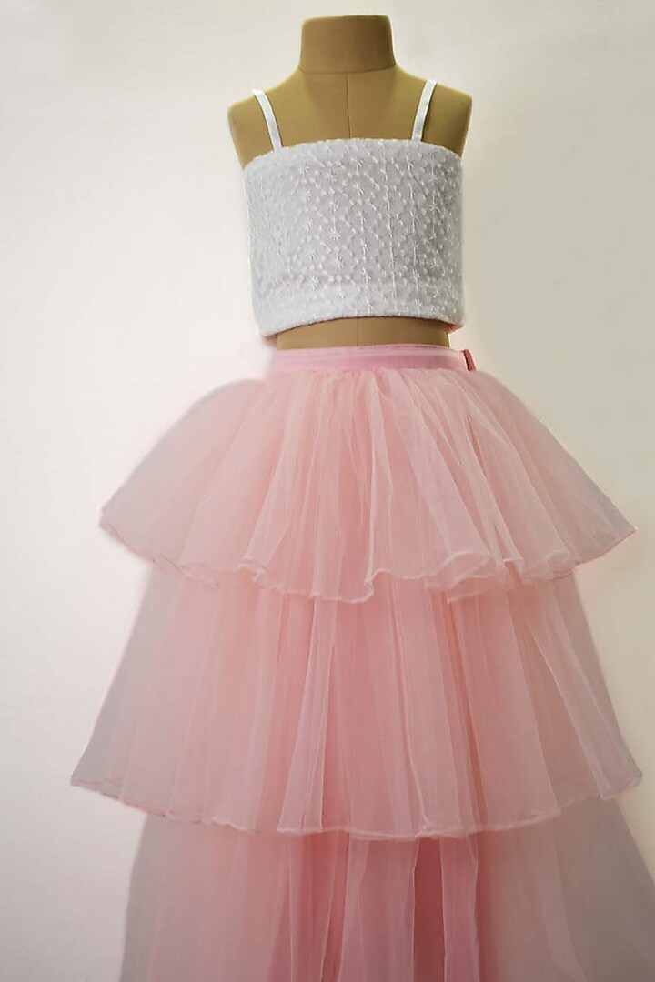 Peach Net Layered Skirt Set For Girls by YMKids at Pernia's Pop Up Shop