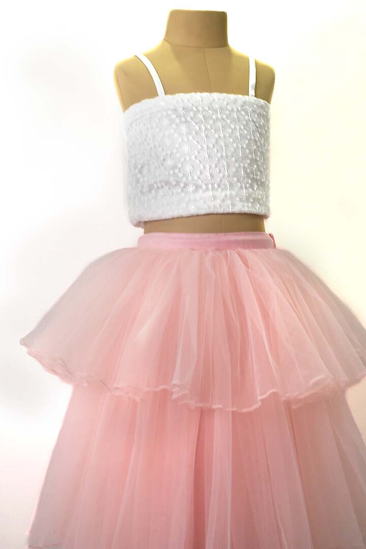 Peach Net Layered Skirt Set For Girls by YMKids at Pernia's Pop Up Shop