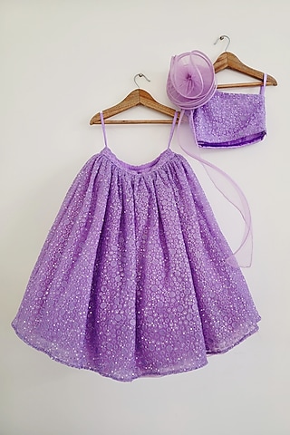Purple Net Sequins Embroidered Lehenga Set For Girls by YMKids