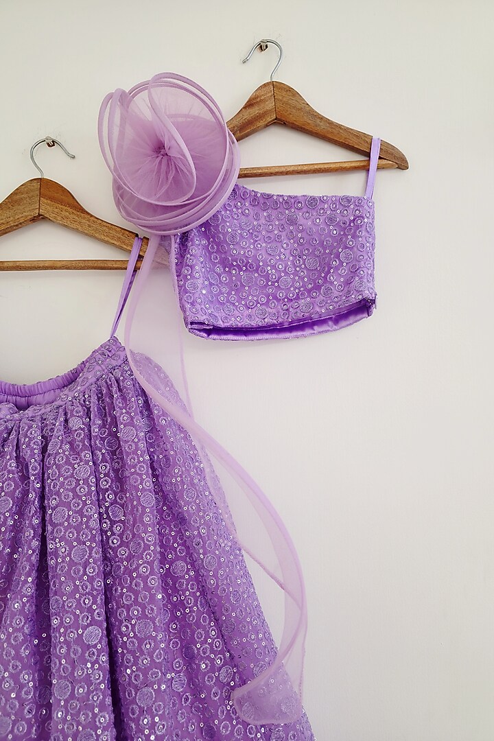 Purple Net Sequins Embroidered Lehenga Set For Girls by YMKids at Pernia's Pop Up Shop