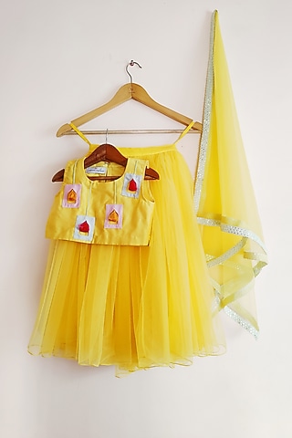 Yellow Net Lehenga Set For Girls by YMKids