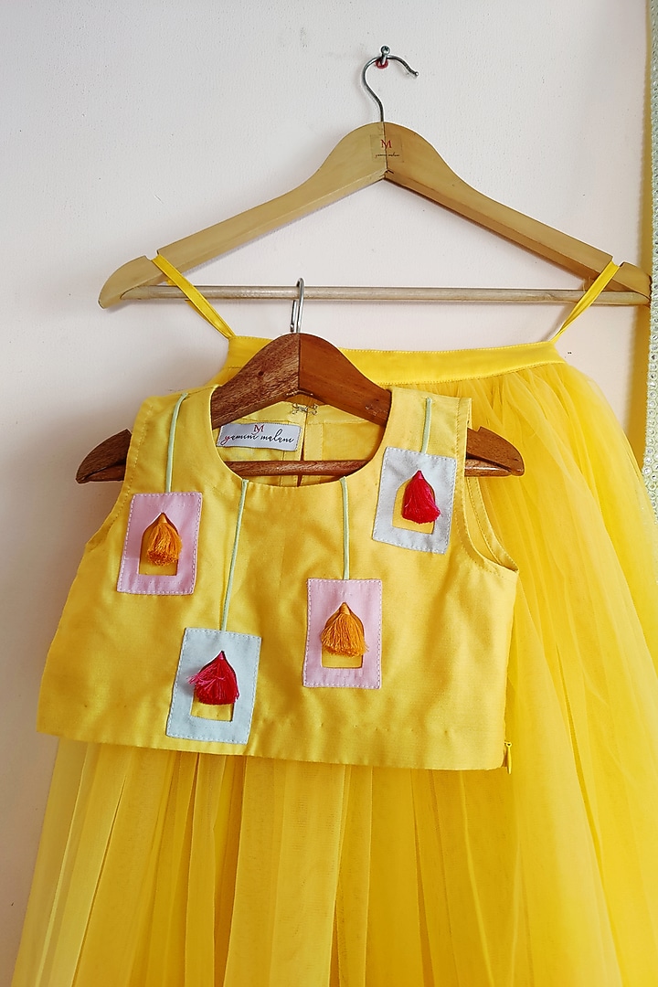 Yellow Net Lehenga Set For Girls by YMKids at Pernia's Pop Up Shop