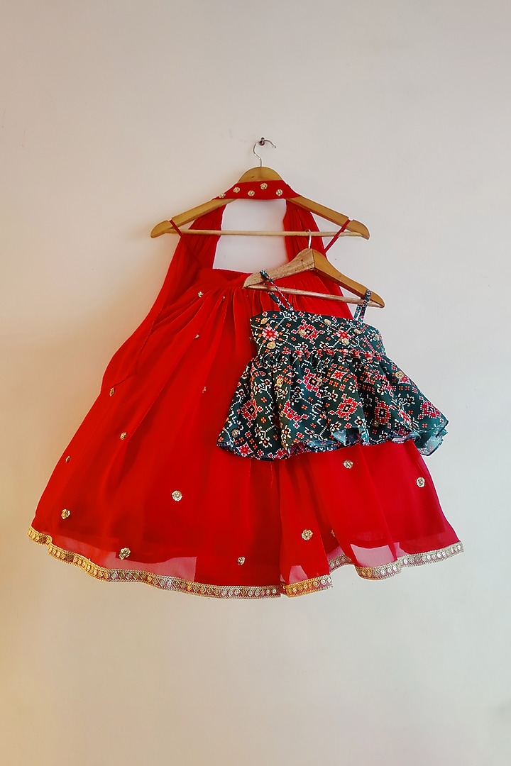 Red Modal Satin & Georgette Lehenga Set For Girls by YMKids at Pernia's Pop Up Shop