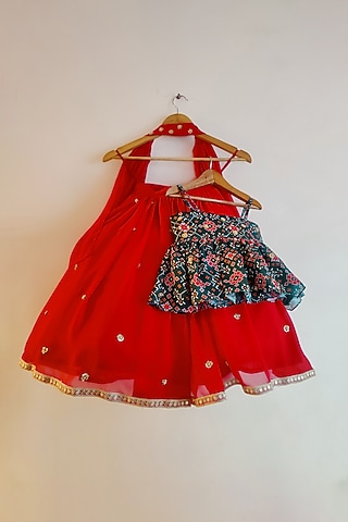Red Modal Satin & Georgette Lehenga Set For Girls by YMKids