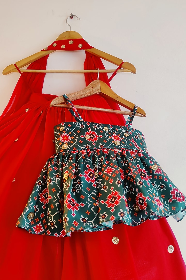 Red Modal Satin & Georgette Lehenga Set For Girls by YMKids at Pernia's Pop Up Shop