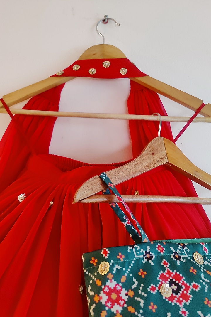 Red Modal Satin & Georgette Lehenga Set For Girls by YMKids at Pernia's Pop Up Shop