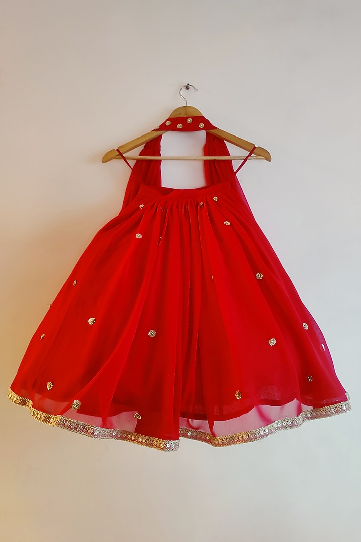 Red Modal Satin & Georgette Lehenga Set For Girls by YMKids at Pernia's Pop Up Shop