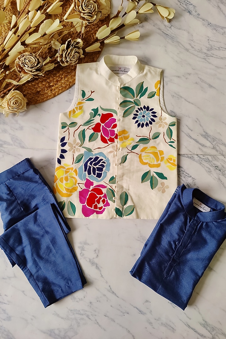 Off-White Cotton Silk Handpainted Nehru Jacket Set For Boys by YMKids