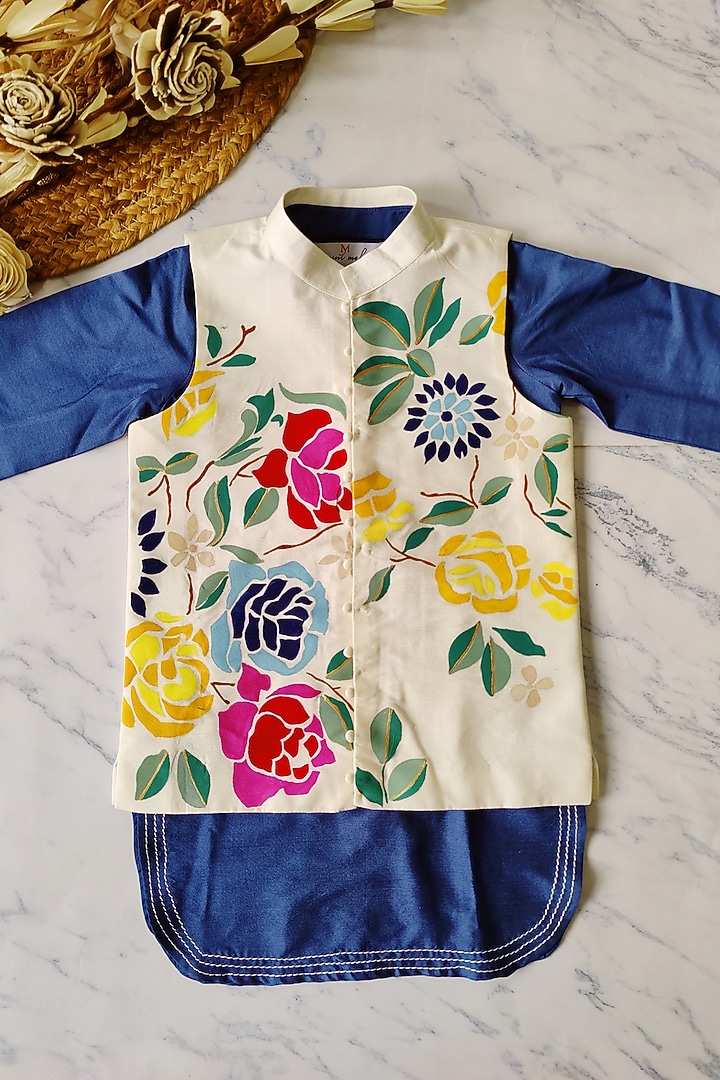 Off-White Cotton Silk Handpainted Nehru Jacket Set For Boys by YMKids at Pernia's Pop Up Shop