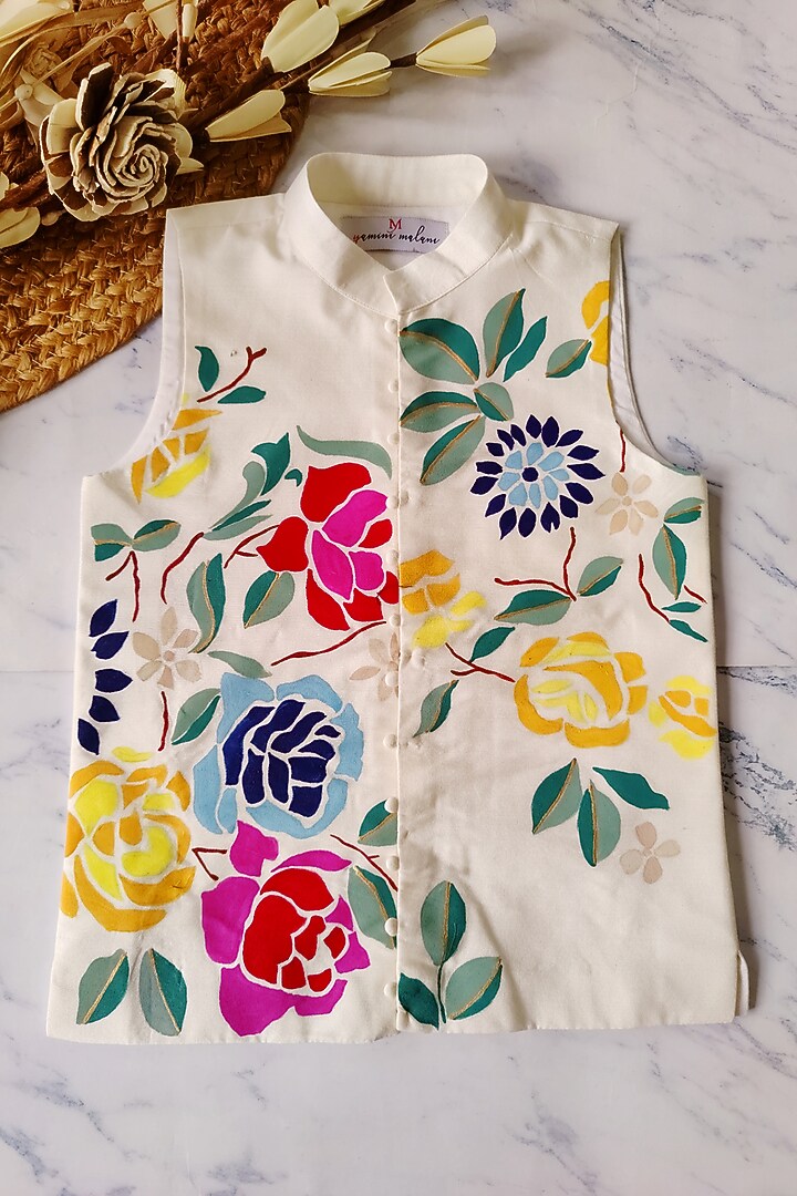 Off-White Cotton Silk Handpainted Nehru Jacket Set For Boys by YMKids at Pernia's Pop Up Shop
