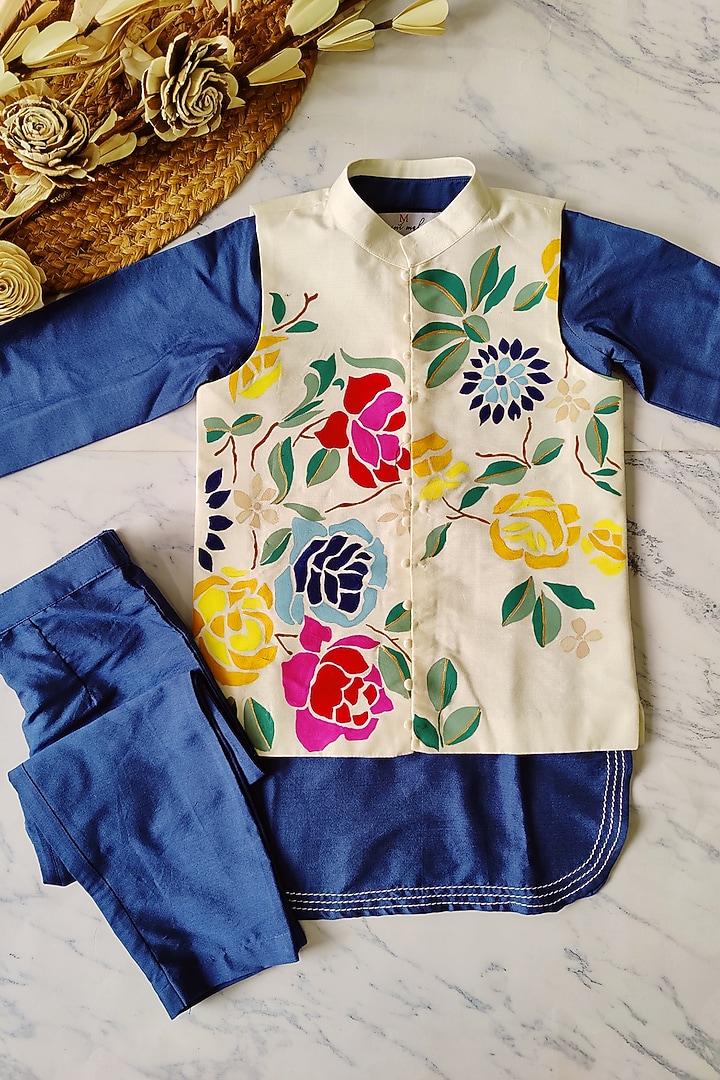 Off-White Cotton Silk Handpainted Nehru Jacket Set For Boys by YMKids at Pernia's Pop Up Shop